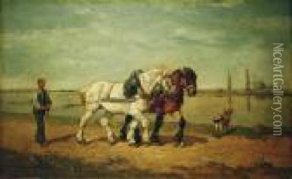 Flusslandschaft Mit Pferdegespann. Oil Painting - Willem Carel Nakken