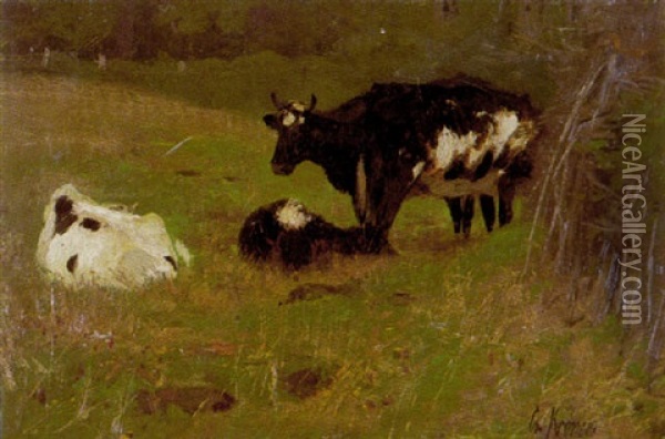 Drei Kuhe Auf Der Weide Oil Painting - Christian (Johann Christian) Kroener