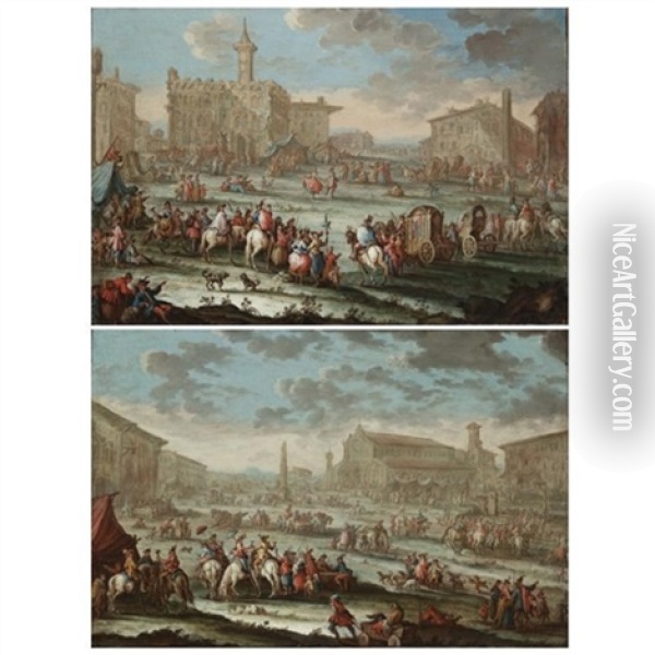 A Capriccio Of A Town With Elegant Figures Arriving On Horseback And In Carriages (+ A Capriccio Of A Town With Figures On Horseback Resting For Refreshments; Pair) Oil Painting - Gherardo Poli
