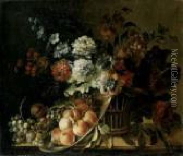 Blumen- Und Fruchtestilleben. Oil Painting - Jean-Baptiste Monnoyer