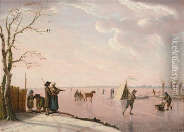 Frozen River Landscape With Figures Skating Oil Painting - Heinrich Wilhelm Schweickardt