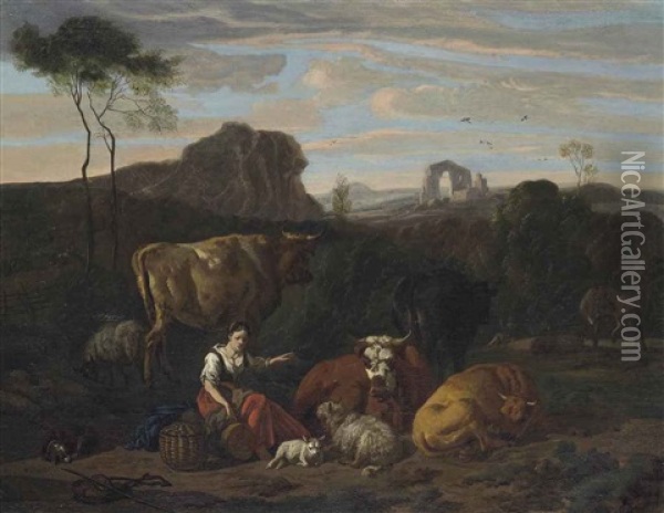 A Shepherdess And Her Flock Seated In A Landscape, Ruins Beyond Oil Painting - Dirk van Bergen