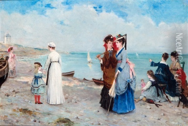 Vrouwen En Kinderen Op Het Strand / 'sur La Plage Oil Painting - Noel Saunier