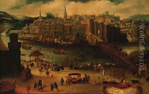 A panoramic view of Seville with the Golden Tower and harbour Oil Painting - School Of Seville