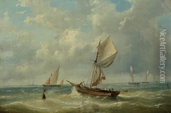 Boats In Choppy Seas Oil Painting - Louis Verboeckhoven
