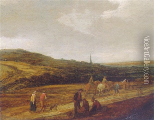 Travellers In The Dunes, A Town In The Distance Oil Painting - Pieter De Molijn