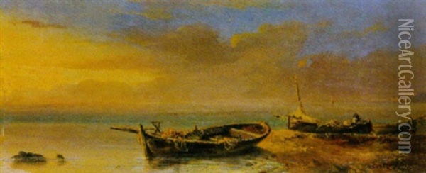 Fischerboote Am Strand Bei Sonnenuntergang Oil Painting - Alfred Casile