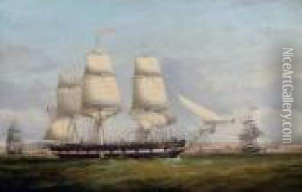 The American Merchantman Euphrasia In Three Positions Off The
Liverpool Waterfront Oil Painting - Samuel Walters