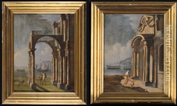 Marina Con Portico E Figure (+ Marina Con Ingresso Colonnato E Figure; Pair) Oil Painting - Gennaro Greco