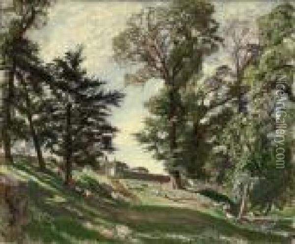 September Morning, Dunshay Manor, Purbeck, Dorset Oil Painting - George Spencer Watson