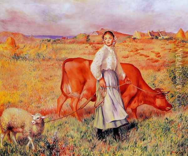 Shepherdess Cow And Ewe Oil Painting - Pierre Auguste Renoir