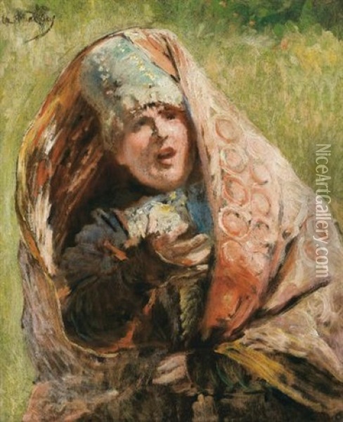 Portrait Of A Peasant Woman: Study For Minin Appealing To People Of Nizhnii Novgorod (1894-1896) Oil Painting - Konstantin Egorovich Makovsky