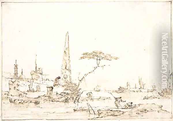 A capriccio of the Venetian Lagoon with an obelisk outside a fortified town, figures in the foreground Oil Painting - Francesco Guardi