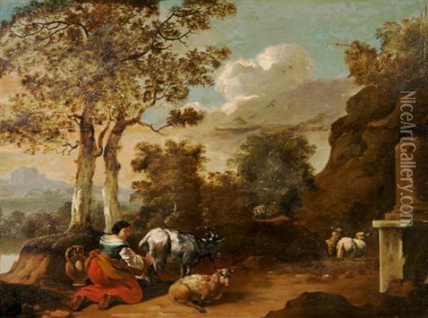 Milking The Goat Oil Painting - Pieter van Bloemen
