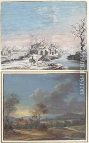 The Four Seasons: Houses By A 
Frozen River; A Cloudy Extensivelandscape; Overgrown Ruins By A River; 
And A Sunlit Riverlandscape Oil Painting - Louis Nicolael van Blarenberghe