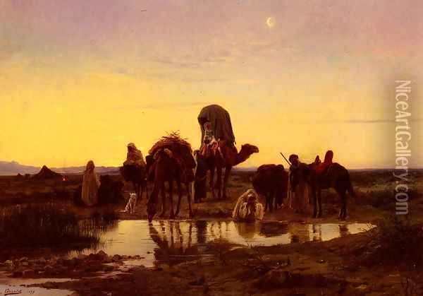 Camel Train By An Oasis At Dawn Oil Painting - Eugene-Alexis Girardet