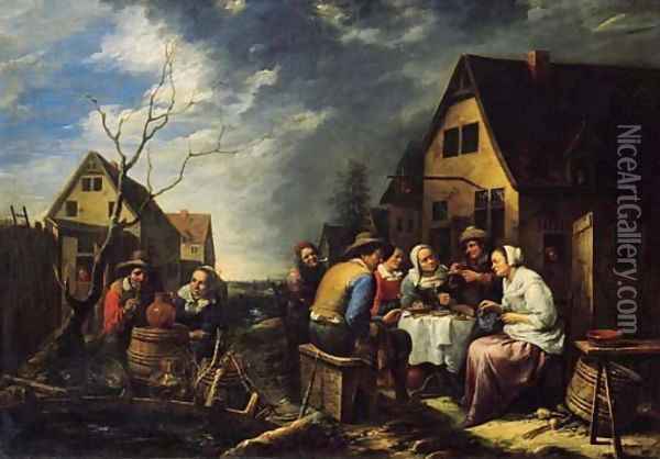 Maids serving peasants outside an inn Oil Painting - Gillis van Tilborgh