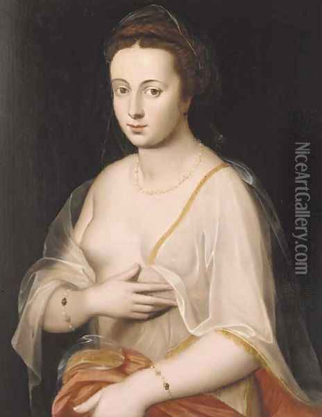 Portrait of a lady, half-length, wearing a pearl necklace, bracelets and a gossamer wrap Oil Painting - Frans Floris