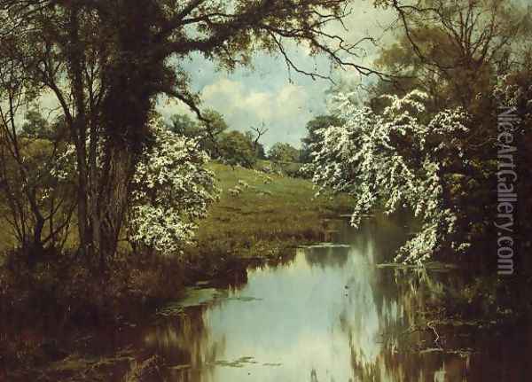 Where Spreading Hawthorns Gaily Bloom Oil Painting - Edward Wilkins Waite