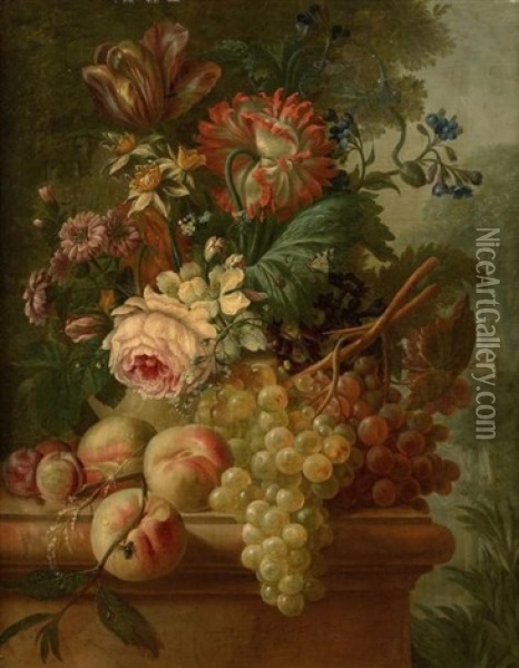 Vase De Fleurs Et Fruits Sur Un Entablement Devant Un Paysage Oil Painting - Francois-Nicolas Laurent