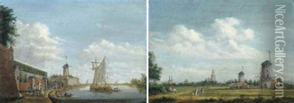 A River Landscape With Elegant Townsfolk Promenading By A City Wall Oil Painting - Jordanus Hoorn
