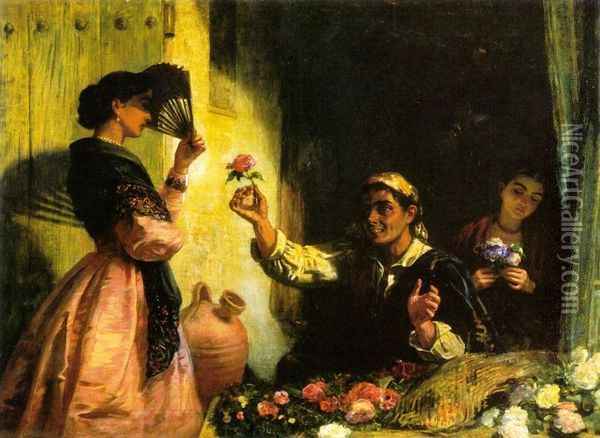 A Spanish Flower Seller Oil Painting - Edwin Longsden Long