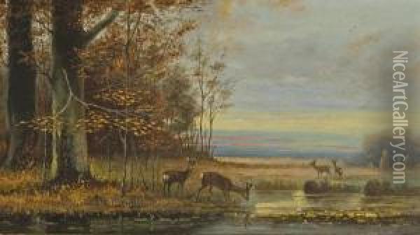 Deer At Dusk Oil Painting - Louis Remy Mignot