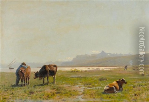 Kuhe Am Seeufer Oil Painting - Albert Lugardon