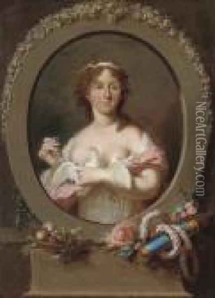 Portrait Of A Lady As Venus, In A
 White Dress And Pink Wrap, Withforget-me-nots And A Dove In Her Hands, 
In A Sculpted Cartouchesurrounded By The Attributes Of Love Oil Painting - Anne Vallayer-Coster