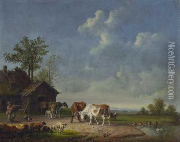 Bauernhof Mit Vieh Oil Painting - Heinrich Burkel