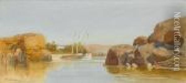 Village On The Nile; A Dhow On The Nile Oil Painting - John Jnr. Varley
