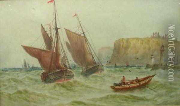 Fishing Boats Leaving Whitby Harbour Oil Painting - Joseph Eaman