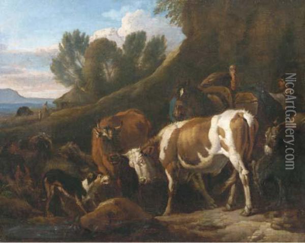 A Peasant With Cows, A Mule, Sheep, A Donkey And A Turkey In Anitalianate Landscape Oil Painting - Pieter van Bloemen