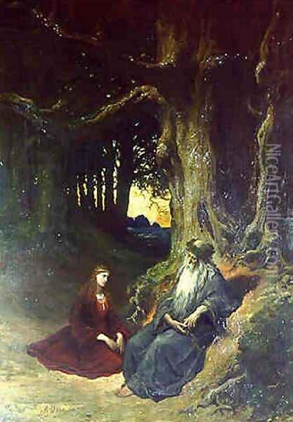 Viviane and Merlin in a Forest Oil Painting - Gustave Dore