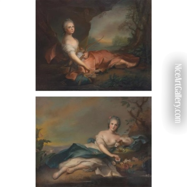 Marie Adelaide Of France As Diana And Henriette Of France As Flora, (after Jean-marc Nattier): Two Oil Painting - James Wells Champney