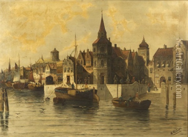 Views Of Antwerp & Rotterdam (pair) Oil Painting - Anton Huebner