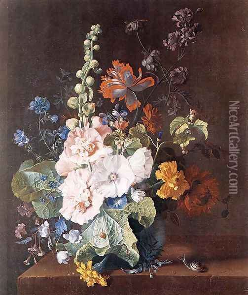 Hollyhocks and Other Flowers in a Vase c. 1710 Oil Painting - Jan Van Huysum