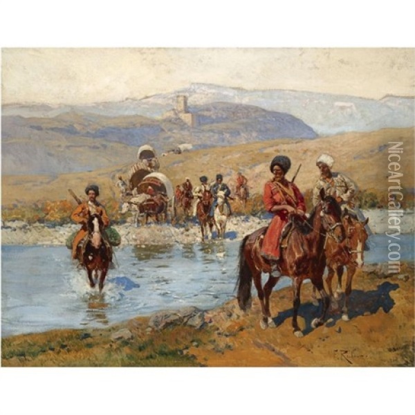 Roubaud_crossing The River Oil Painting - Franz Roubaud