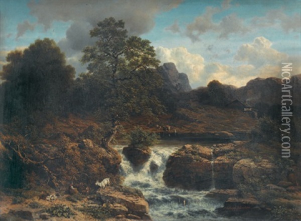 Felsige Flusspartie Mit Hirten Und Ihren Tieren Oil Painting - Johann Rudolf Rapp