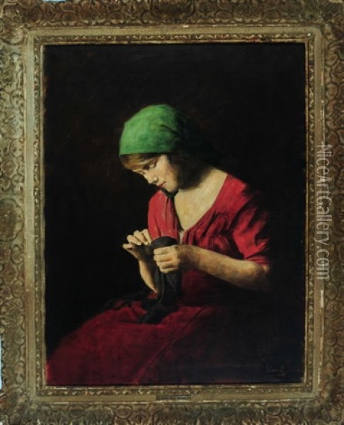 Junges Madchen Im Roten Kleid Mit Grunem Kopftuch Bei Der Naharbeit Oil Painting - Armin Glatter