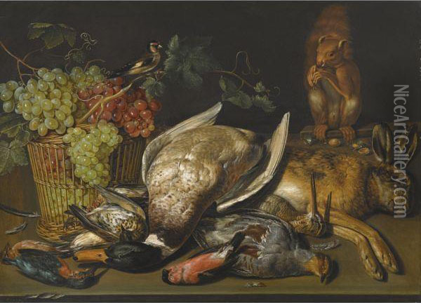 Still Life Of A Game And A Basket Of Grapes With A Squirrel Andgoldfinch Oil Painting - Clara Peeters