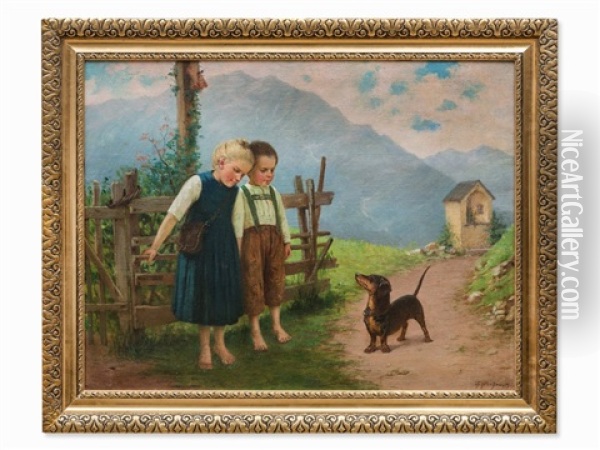 Children With A Dog Oil Painting - Theodor Kleehaas