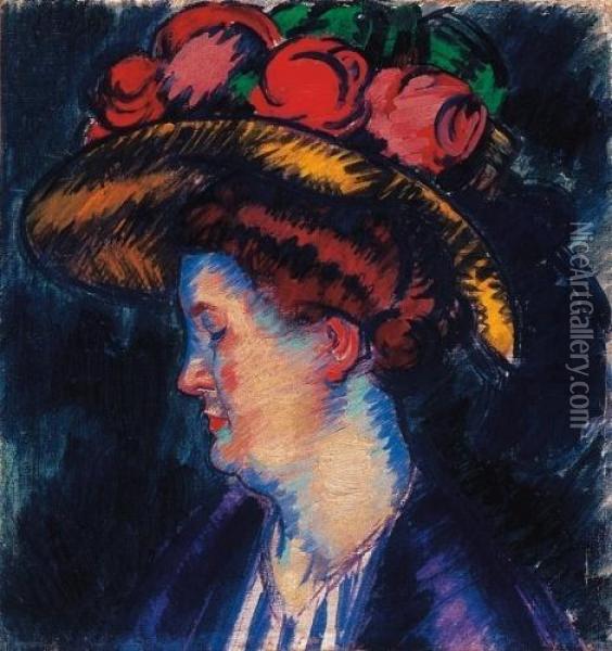 Lady In A Hat With Roses (the Artist's Wife) Oil Painting - Janos Vaszary