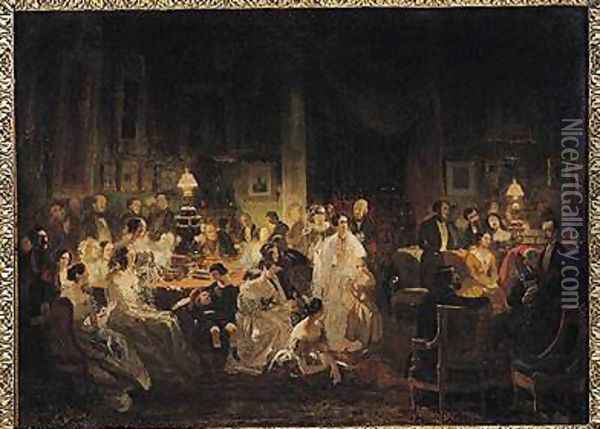 Emile Jean Horace Vernet 1789-1863 Discussing the Invention of the Daguerreotype in Monsieur Irissons Salon Oil Painting - Prosper Lafaye or Lafait