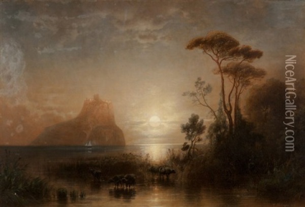 Moonlit Bay With A Castle Atop An Island In The Distance Oil Painting - Karl Heilmayer