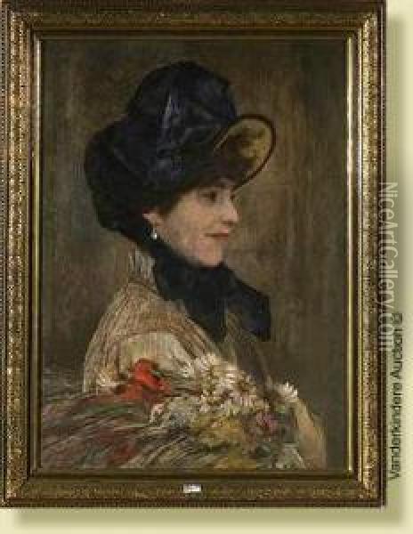 Portrait De Femme Tenant Un Bouquet De Fleurs Oil Painting - Camille Van Camp
