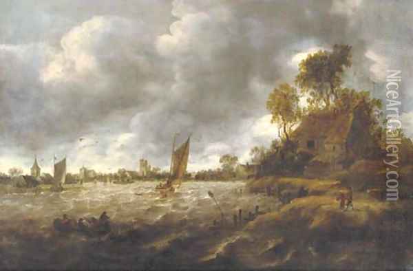 A river landscape with sailing vessels in rough waters, a village beyond Oil Painting - Jan van Goyen