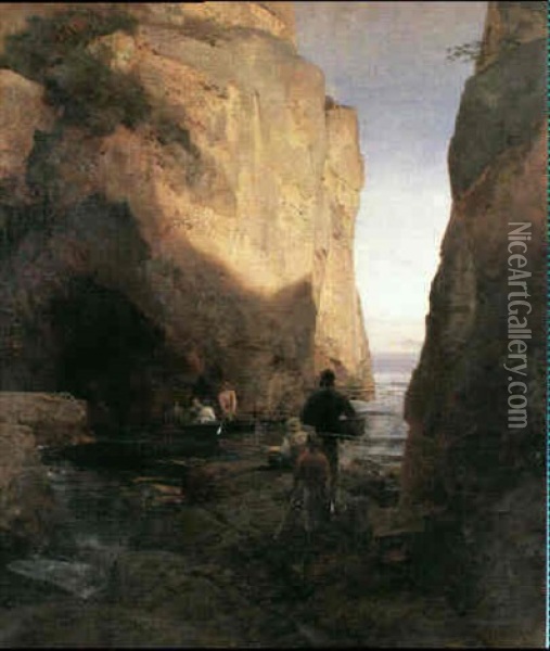 Entering The Grotto Oil Painting - Oswald Achenbach