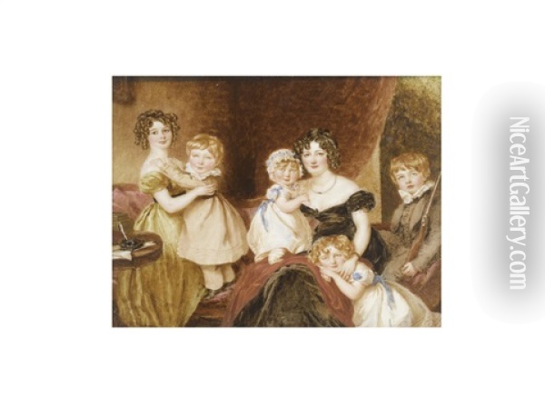 A Lady, Wearing Black Decollete Dress And Seated With Her Three Daughters And Two Sons In An Interior: The Eldest Daughter, Wearing Gold Dress And Black Sash To Her Waist; Her Younger Daughters Oil Painting - Simon Jacques Rochard