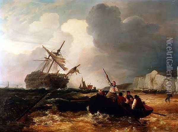 Rowing Boat Going to the Aid of a Man-o'-War in a Storm Oil Painting - George Chambers